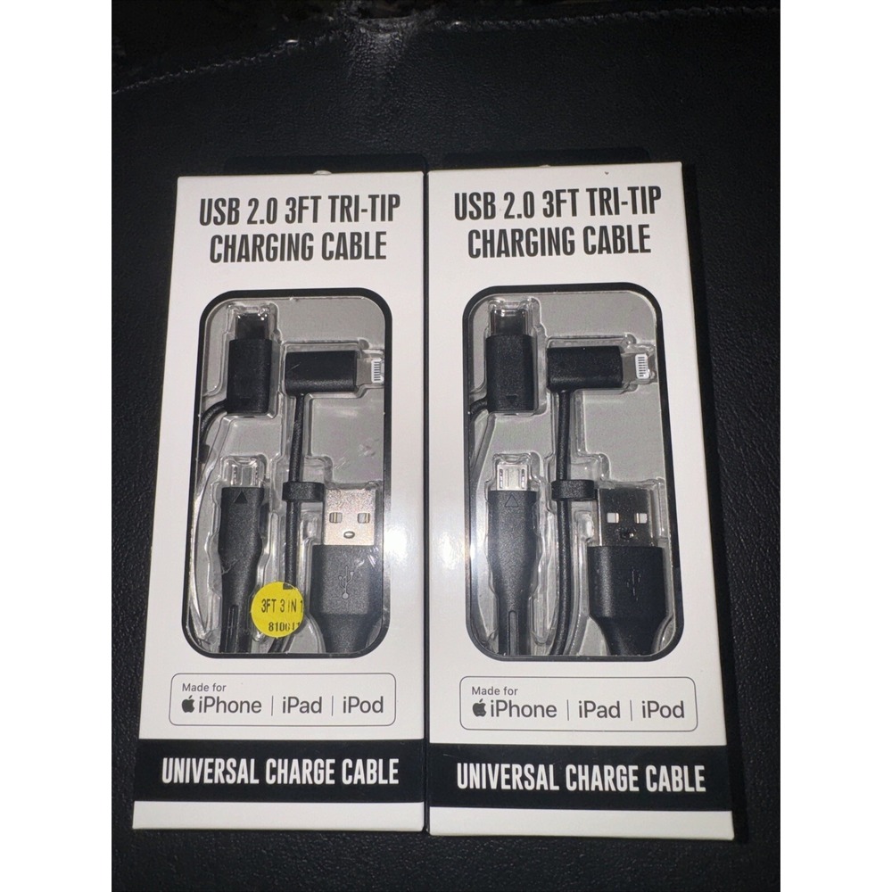 2 Universal USB Port Charging Cable 3 ft Tri-Tip ‎ iPhone iPad iPod USB-C Micro